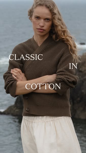 This image ad showcases a woman wearing a knitted cardigan, with the focus being on the garment's 'classic' 