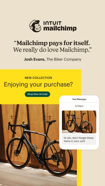 This Mailchimp ad showcases a testimonial from The Biker Company, emphasizing Mailchimp's value proposition of payin