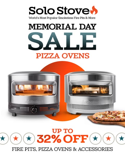 Ad for Solo Stove pizza ovens, fire pits, and accessories for a Memorial Day sale. The ad shows two pizza ovens with a p