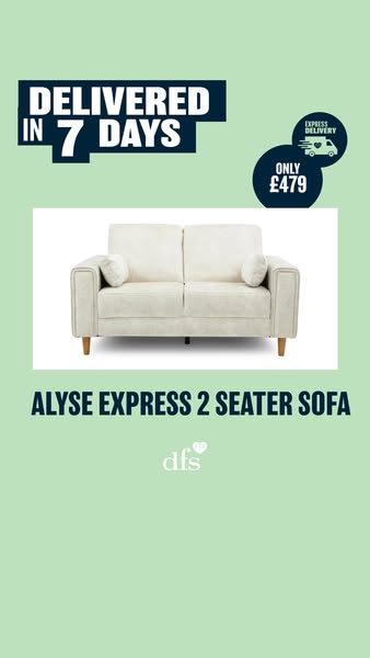 This ad showcases a two-seater sofa, emphasizing its quick delivery and affordability. The focus is on convenience and v