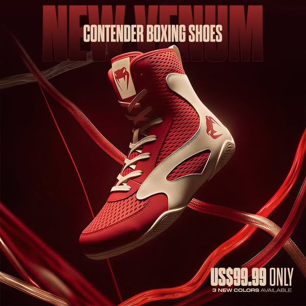 This ad showcases the brand's red Contender Boxing Shoes alongside the text “NEW VENUM” and “Contender Boxing Shoes.