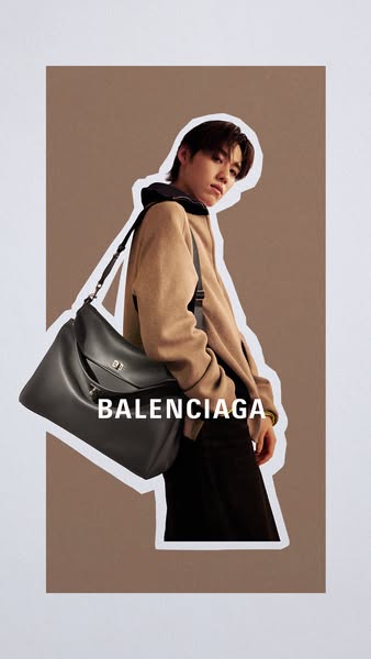 This image ad showcases a black Balenciaga handbag worn by a young Asian man, set against a layered paper collage style 
