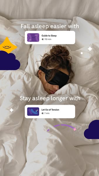This image ad promotes a sleep aid app by showcasing two guided sessions that help users fall asleep easier and stay asl