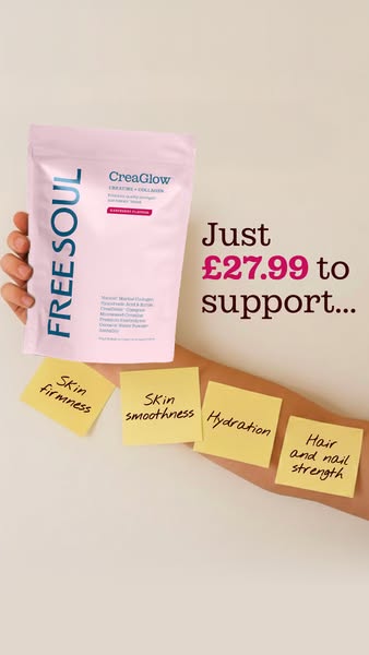 This image ad showcases Free Soul CreaGlow collagen powder, highlighting its benefits for skin firmness, smoothness, hyd