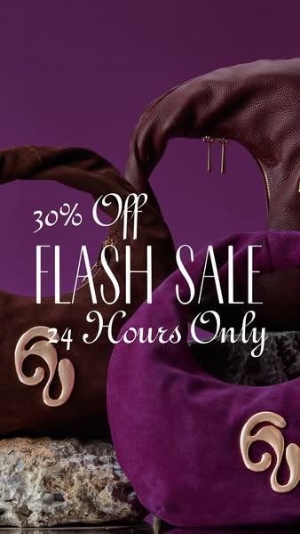 This image ad showcases a collection of handbags in varying colors and materials against a solid purple background. It p