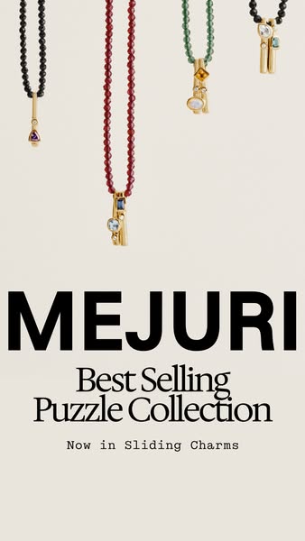 The ad displays four necklaces from Mejuri's Puzzle collection featuring sliding charms. The necklaces have colorful