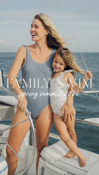 This ad features a mother and child wearing matching swimsuits. They are positioned on a boat with the ocean behind them