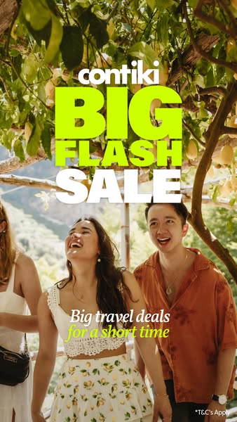 This image ad by Contiki promotes a big flash sale on travel deals for a limited time, showing a group of young adults h