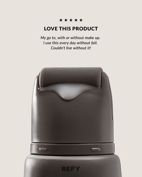 This ad uses a customer testimonial to promote a REFY product used in a beauty routine. The ad highlights the product