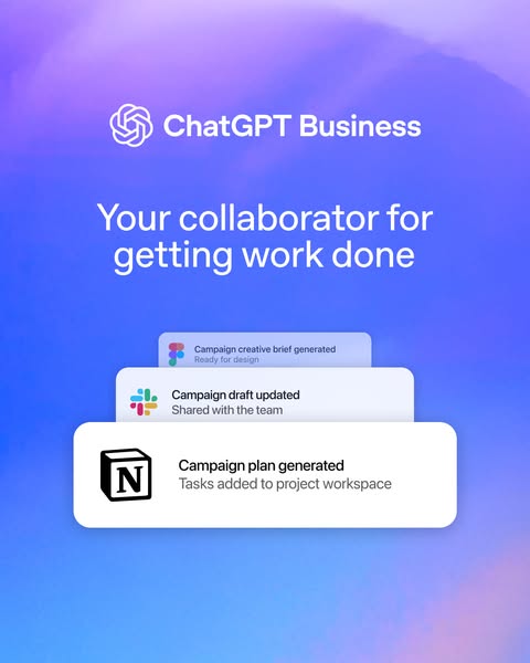 This image ad promotes ChatGPT Business by focusing on its capability to collaborate on work tasks. It highlights the so
