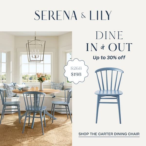 This image ad showcases a light blue dining chair by Serena & Lily, emphasizing a dining setting and highlighting a 