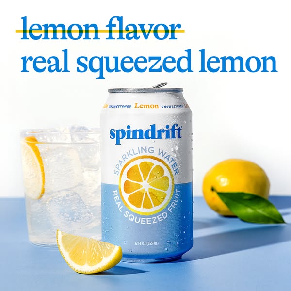 This ad for Spindrift sparkling water highlights the 'real squeezed lemon' flavor. The minimalist composition in