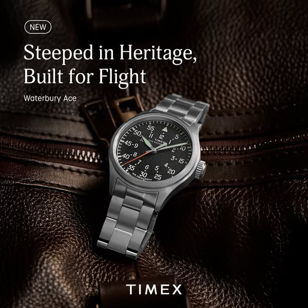 This image ad showcases the Timex Waterbury Ace watch, emphasizing its heritage and design inspired by flight. The ad us