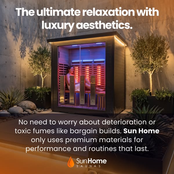 This ad promotes Sun Home Saunas, highlighting the ultimate relaxation experience and luxury aesthetics. It emphasizes t