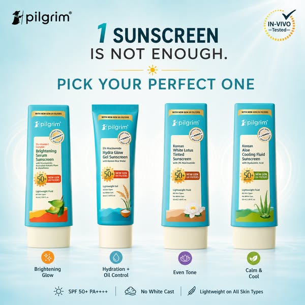 This ad features four different Pilgrim sunscreens with different active ingredients and effects. The ad is designed to 