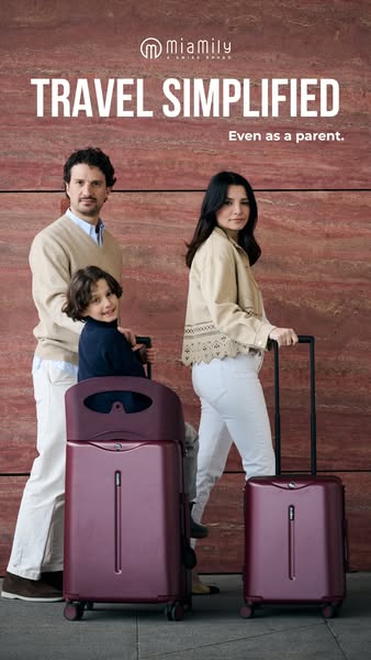 This ad for Miamily luggage features a family traveling with the brand's hard-sided luggage. The advertisement expre