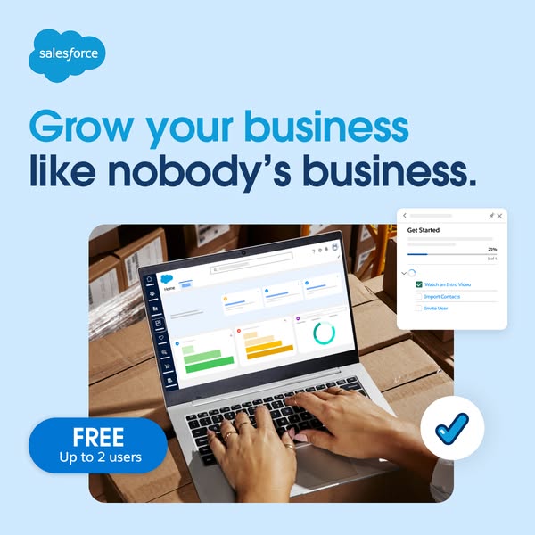 The ad showcases Salesforce as a tool to help your business grow. The image features someone working on a laptop that ha