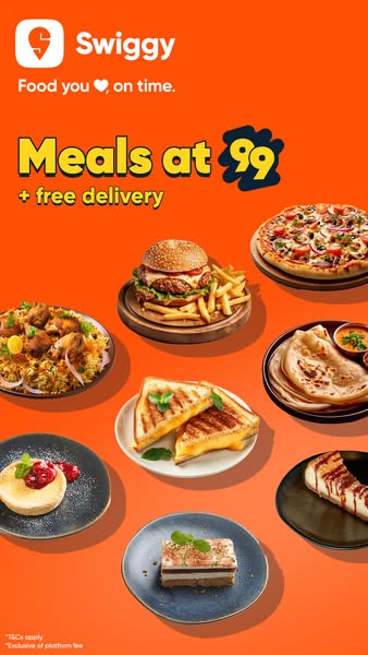 This image ad for Swiggy promotes meals at ₹99 with free delivery. It features a variety of food items such as biryani, 