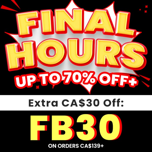 This image ad promotes a flash sale offering up to 70% off, plus an extra CA$30 off with the code FB30 on orders of CA$1