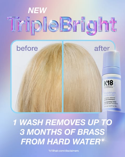 This image ad shows before and after results from use of K18's Triple Bright purple shampoo, which removes up to 3 m