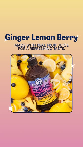 This ad for Health-Ade Kombucha features a bottle of the drink surrounded by its ingredients, emphasizing its real fruit