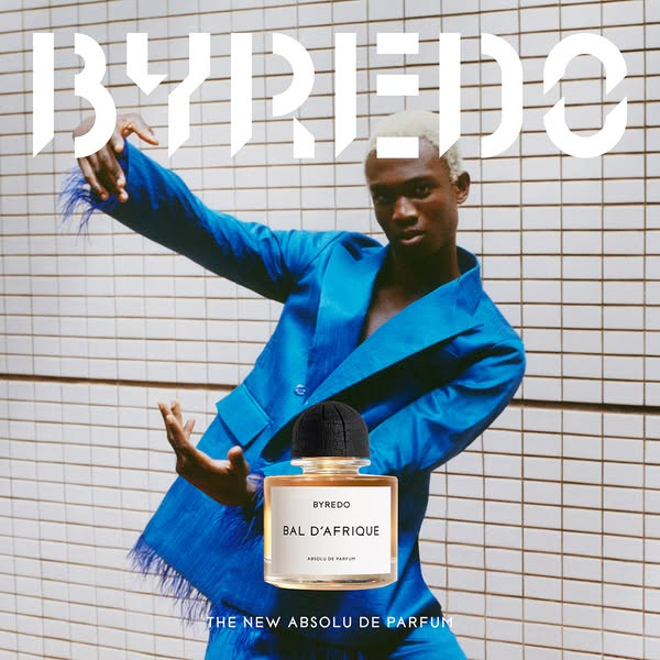 This ad showcases the BYREDO brand and the new Absolu de Parfum BAL D'AFRIQUE fragrance.