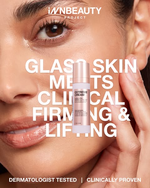 This close-up image ad for InnBeauty Project's Extreme Cream features a woman's face with a focus on her cheek, 