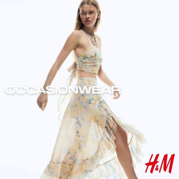 This H&M ad features a model wearing a matching top and skirt set. The ad highlights the brand's 'Occasionwe