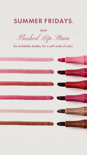 This image ad for Summer Fridays promotes their new Flushed Lip Stain. The ad features six different colors of lip stain