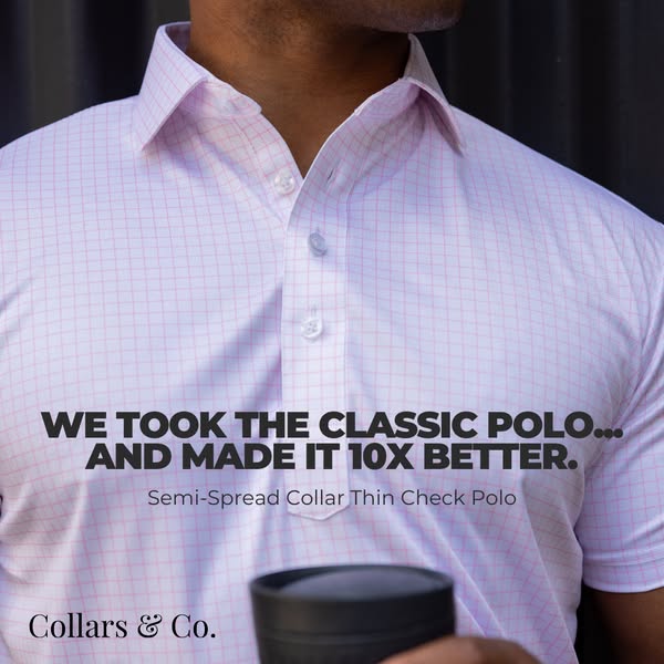 This ad showcases the Collars & Co. Semi-Spread Collar Thin Check Polo shirt, emphasizing its upgrade from the class
