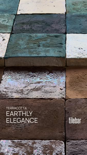 This ad showcases TileBar's Terracotta tiles, emphasizing their earthy elegance and variety of colors and textures.