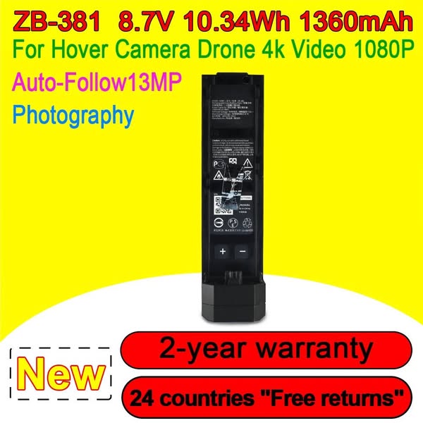 This ad showcases a battery for the Hover Camera Drone 4k Video 1080P, highlighting its features like voltage, wattage, 