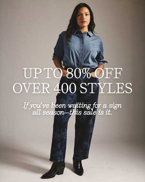 This image ad promotes a sale of up to 80% off over 400 styles. A model is wearing a denim shirt and dark patterned jean