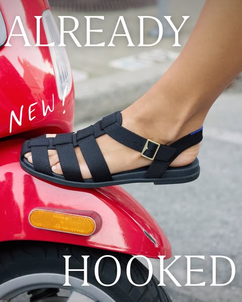 This ad for a pair of sandals shows a close up of the sandal with a foot in it resting on a red scooter. The ad copy use