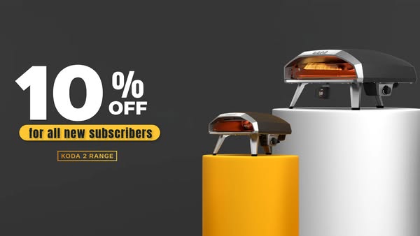 This ad showcases the Ooni Koda 2 range of pizza ovens and offers a 10% discount for new subscribers.