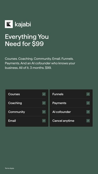 The image is an ad for Kajabi, which offers multiple services for $99, including courses, coaching, community, email, fu