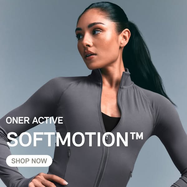 This ad for Oner Active promotes their Softmotion line. It features a woman wearing an Oner Active Softmotion top agains