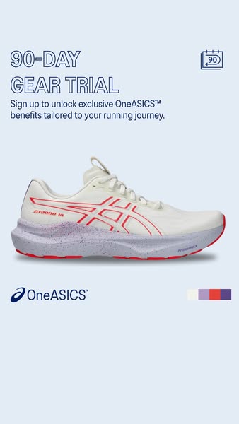 This is a promotional image for the ASICS brand highlighting a 90-day gear trial for customers who sign up and unlock On