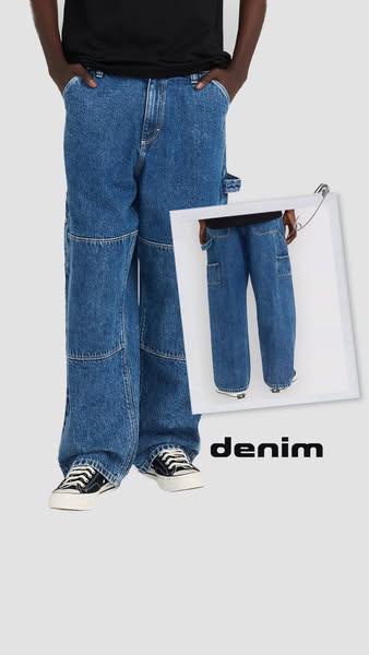 This ad showcases a pair of blue denim carpenter pants with reinforced knee panels and a branded 'denim' logo. T