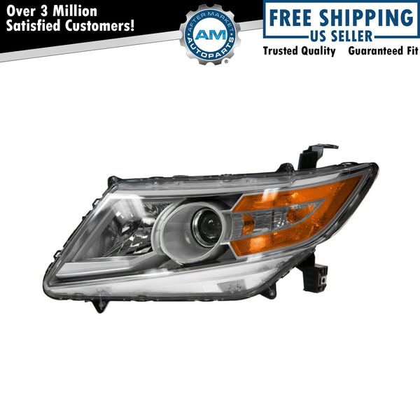 This ad showcases a replacement headlight assembly from AM Autoparts, emphasizing customer satisfaction, free shipping, 