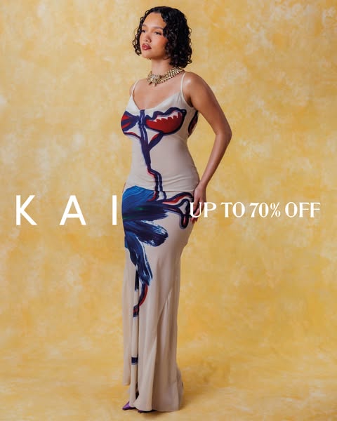 This image ad showcases a woman wearing a long, patterned dress from KAI, with a promotional offer of up to 70% off.