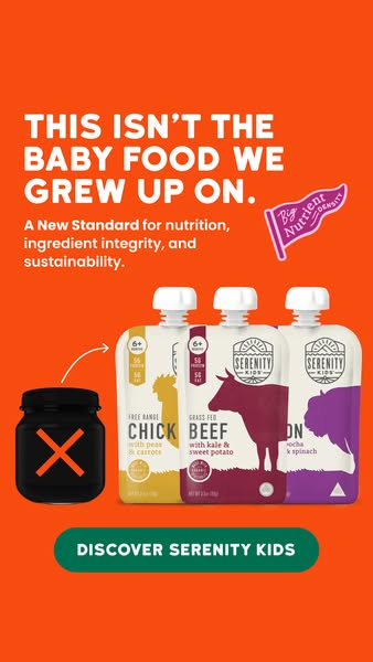 This ad for Serenity Kids baby food suggests that standard baby food is not as nutritious, with the tagline 'This is