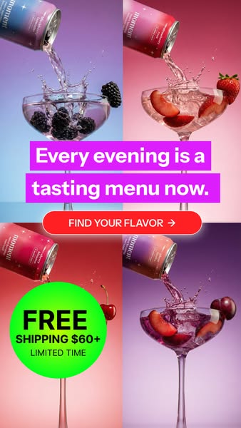 This image ad for Moment shows a four-quadrant split screen with cans of Moment poured into champagne glasses with fruit
