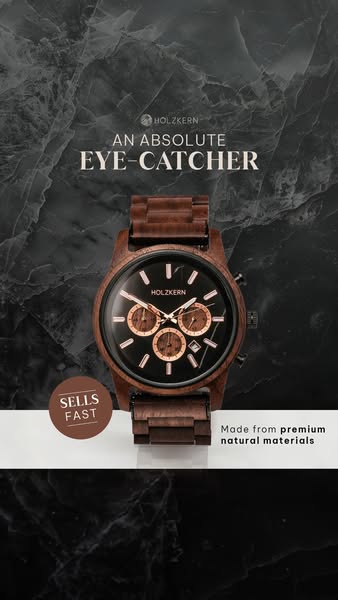 This ad showcases a wooden watch against a marble background, emphasizing its natural materials and eye-catching design.