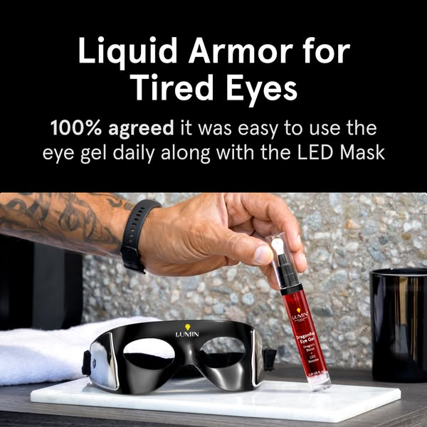 This ad features the Lumin brand's Liquid Armor Dragon's Blood Eye Gel and LED mask. The ad highlights the ease 