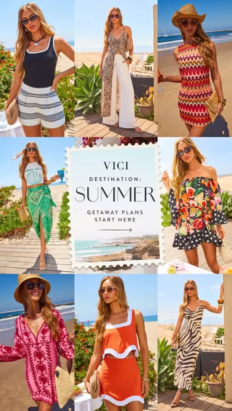 This image ad for VICI clothing is a collage of nine different shots of women modeling a variety of VICI's summer cl
