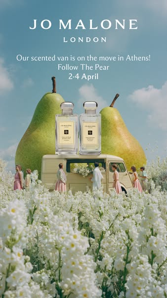 This image ad promotes Jo Malone London's scented van tour in Athens from April 2-4, featuring the English Pear &amp