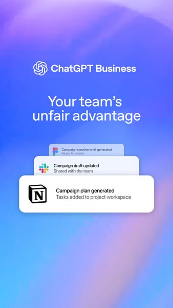 This ad promotes ChatGPT Business and its ability to help teams in project management and creative tasks.