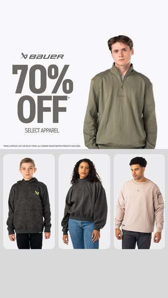 This ad showcases Bauer apparel and promotes a sale of 70% off select apparel.