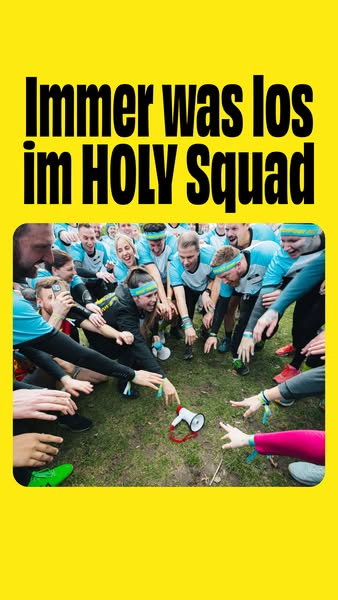 This ad features a group of people in sports gear, reaching toward a megaphone in the center of the frame. A yellow back